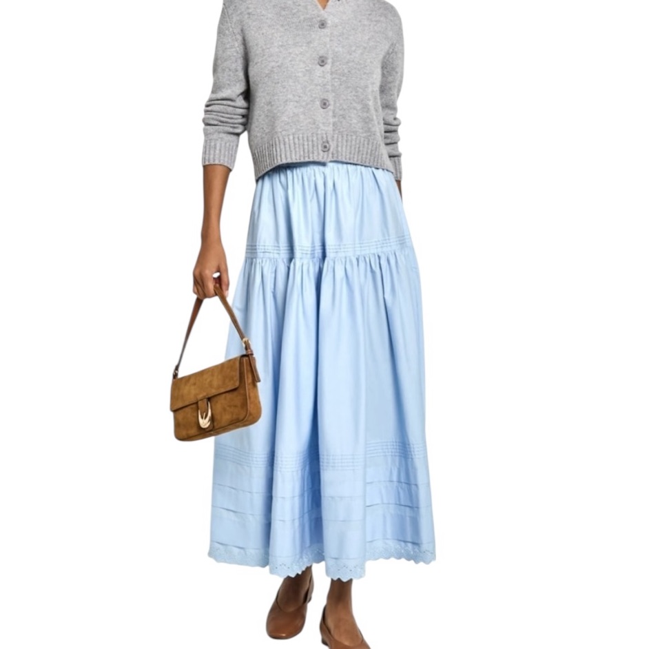 Nwt O.P.T Beth Light Blue Poplin Cotton Eyelet Tiered A-Line Maxi Skirt - 6